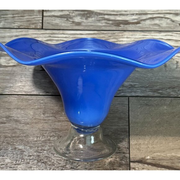 Vintage Blue Blown Glass Pedestal Compote Bowl With Clear Stem - Picture 7 of 9